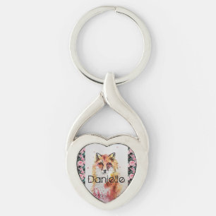 Cute Red Fox Waterverf Roze Rose Girls Ke Sleutelhanger