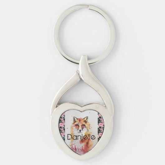 Cute Red Fox Waterverf Roze Rose Girls Ke Sleutelhanger (Voorkant)