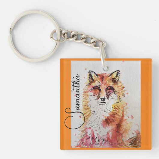 Cute Red Fox Waterverf Schilderen Mok Sinaasappel Sleutelhanger (Voorkant)