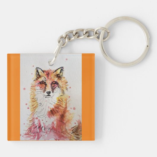 Cute Red Fox Waterverf Schilderen Mok Sinaasappel Sleutelhanger (Achterkant)