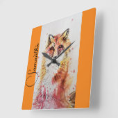 Cute Red Fox Waterverf Schilderen Mok Sinaasappel Vierkante Klok (Hoek)
