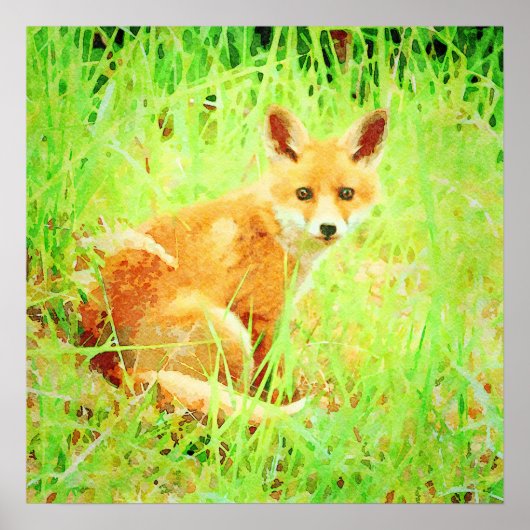Cute Red Fox Wildlife Waterverf Schilderkunst Poster (Voorkant)