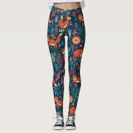 Cute Red Foxes and Flowers Pattern Leggings