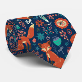 Cute Red Foxes and Flowers Pattern Stropdas