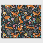 Cute Red Foxes Flowers & Birds Pattern Cadeaupapier (Vlak)