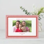 Cute red  gingham Christmas Photo greetings card Feestdagenkaart (Staand voorkant)