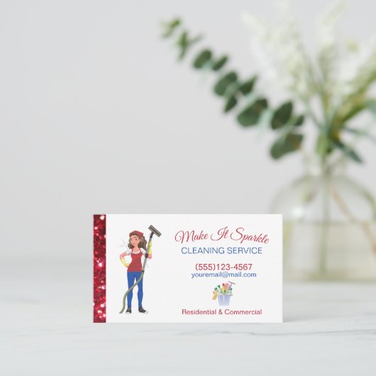 Cute Red Glitter Cartoon Maid Cleaning Services Visitekaartje (Staand voorkant)