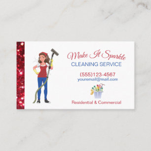 Cute Red Glitter Cartoon Maid Cleaning Services Visitekaartje