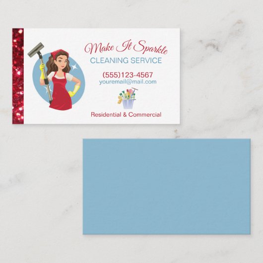 Cute Red Glitter Cartoon Maid Cleaning Services Visitekaartje (Voorkant / Achterkant)