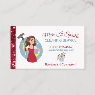 Cute Red Glitter Cartoon Maid Cleaning Services Visitekaartje