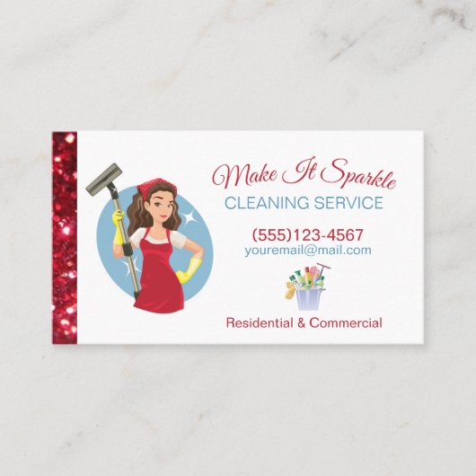 Cute Red Glitter Cartoon Maid Cleaning Services Visitekaartje (Voorkant)