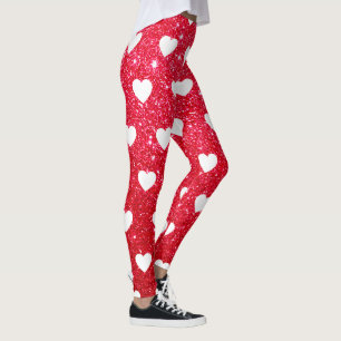 Cute Red Glitter White Heart Pattern Valentijns Leggings