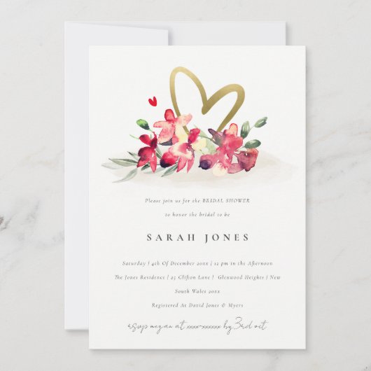 Cute Red Gold Orchid Heart Floral Vrijgezellenfees Kaart (Voorkant)