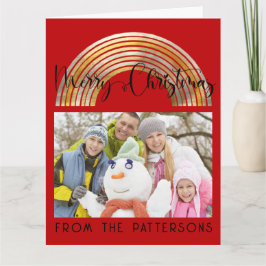 Cute Red Gold Rainbow Family Photo Merry Christmas Kaart