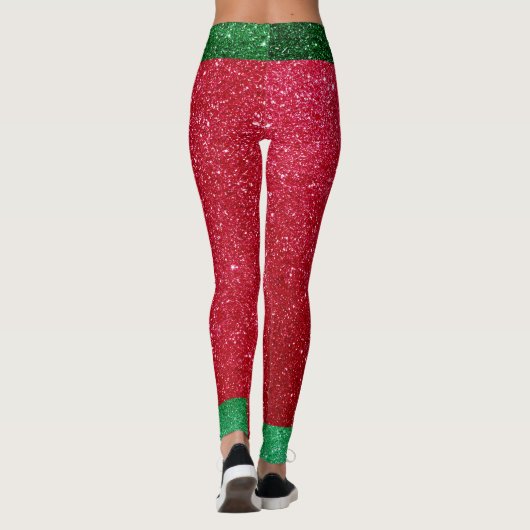Cute Red Green Glitter Santas Outfit Kerstmis Elf Leggings (Achterkant)