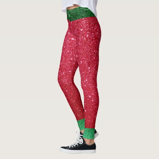 Cute Red Green Glitter Santas Outfit Kerstmis Elf Leggings (Links)