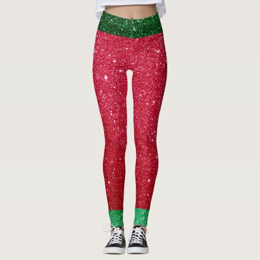 Cute Red Green Glitter Santas Outfit Kerstmis Elf Leggings (Voorkant)