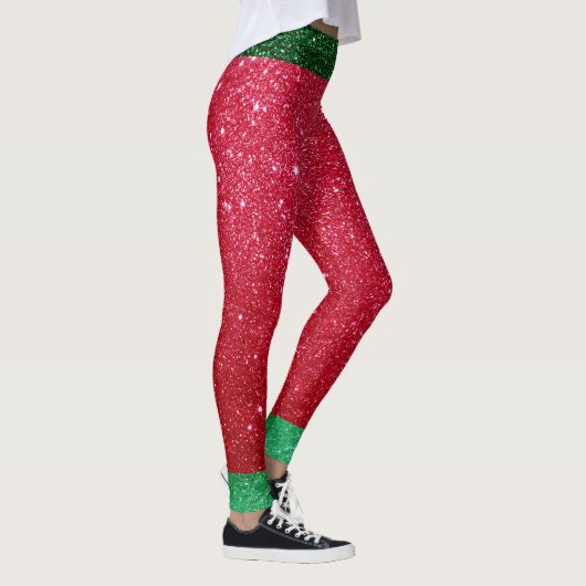 Cute Red Green Glitter Santas Outfit Kerstmis Elf Leggings (Rechts)