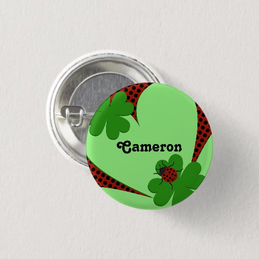 Cute Red Green Ladybug Clover Leaf Name Ronde Button 3,2 Cm (Voorkant /achterkant)