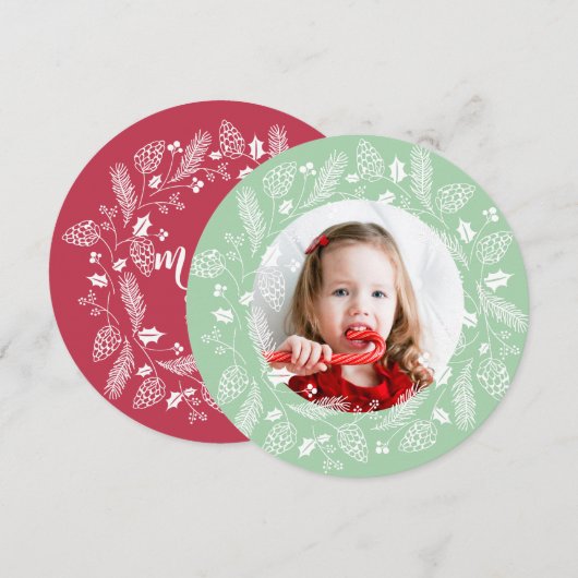 Cute Red & Green Pine en Holly Kerstmis Wreater Kaart (Voorkant / Achterkant)