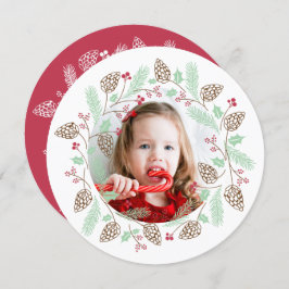 Cute Red & Green Pine en Holly Kerstmis Wreater Kaart
