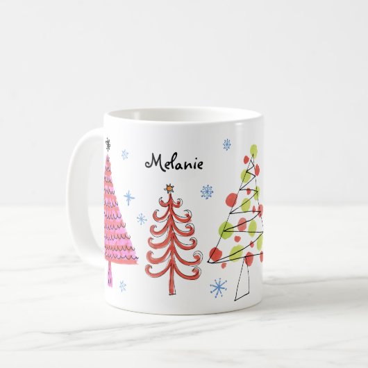 Cute Red Green Roze kerstbomen Naam Koffiemok (Voorkant links)