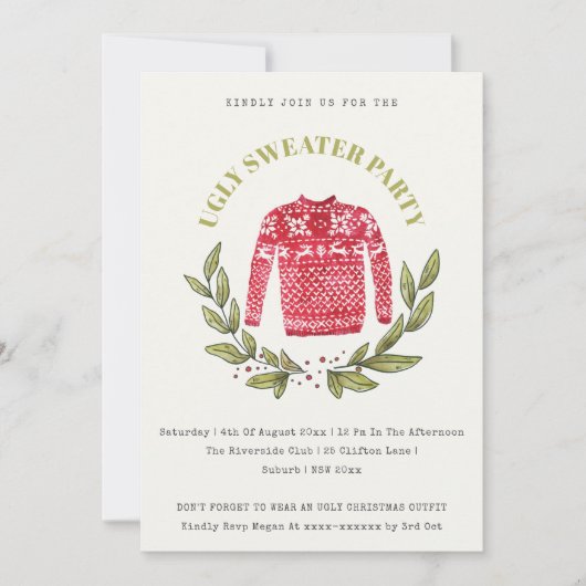 Cute Red Green Ugly Sweater kerst Party Invite Feestdagenkaart (Voorkant)