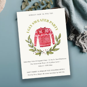 Cute Red Green Ugly Sweater kerst Party Invite Feestdagenkaart