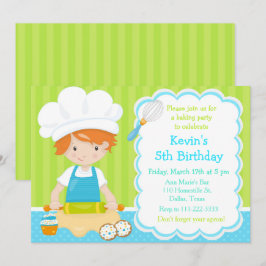 Cute Red Hair Boy Baking Birthday Party Kaart