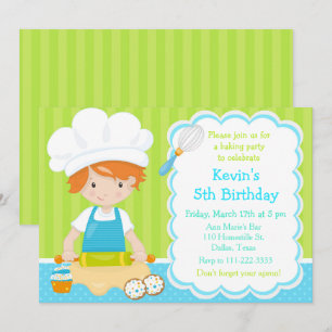 Cute Red Hair Boy Baking Birthday Party Kaart