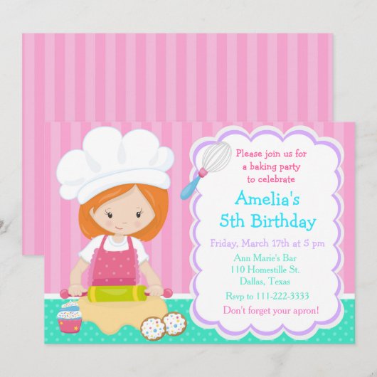 Cute Red Hair Girl Baking Birthday Party Kaart (Voorkant / Achterkant)