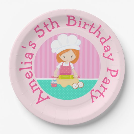 Cute Red Hair Girl Baking Birthday Party Papieren Bordje (Voorkant)