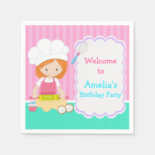 Cute Red Hair Girl Baking Birthday Party Servet