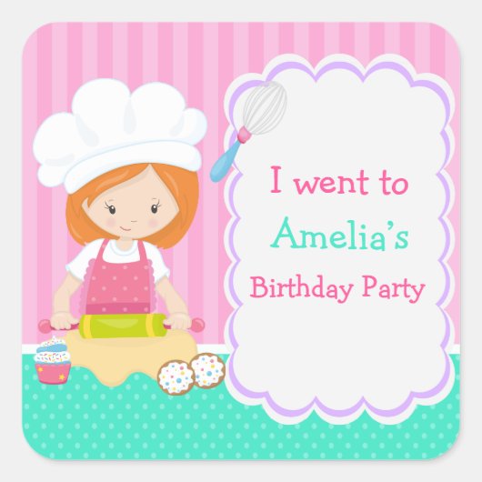 Cute Red Hair Girl Baking Birthday Party Vierkante Sticker (Voorkant)