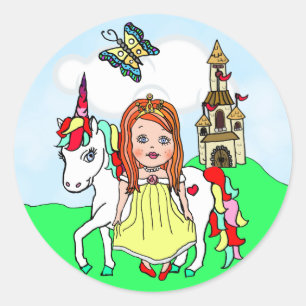 Cute Red Haire Princess and Unicorn Castle Ronde Sticker