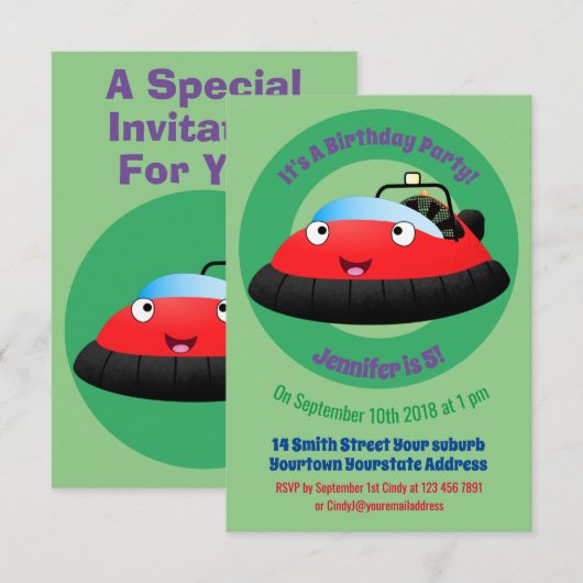 Cute red happy hovercraft cartoon kaart (Voorkant / Achterkant)