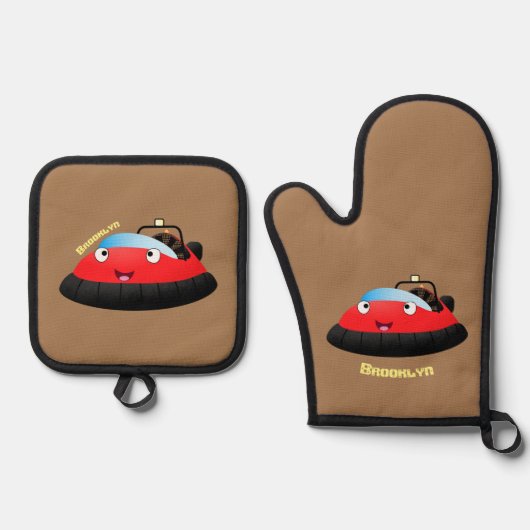 Cute red happy hovercraft cartoon ovenwant & pannenlap set (Voorkant)