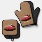 Cute red happy hovercraft cartoon ovenwant & pannenlap set (Voorkant / Achterkant)