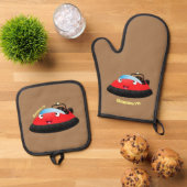 Cute red happy hovercraft cartoon ovenwant & pannenlap set (Top down)