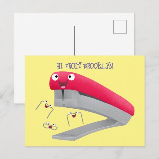 Cute red happy stapler cartoon briefkaart (Voorkant / Achterkant)