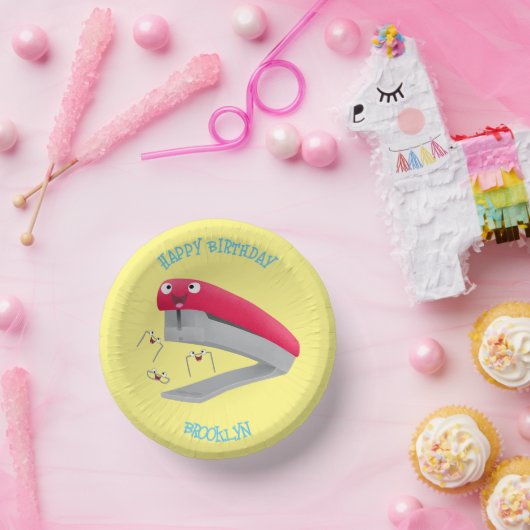 Cute red happy stapler cartoon papieren kommen (Feest)