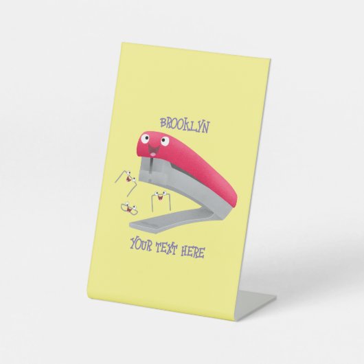 Cute red happy stapler cartoon reclamebord met voetstuk (Voorkant)