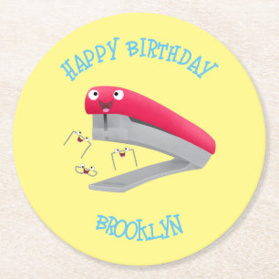 Cute red happy stapler cartoon ronde kartonnen onderzetter