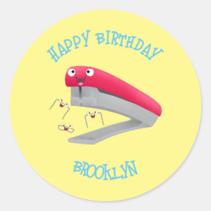 Cute red happy stapler cartoon ronde sticker