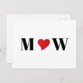 Cute red hart aangepaste initialen monogram briefkaart (Voorkant / Achterkant)