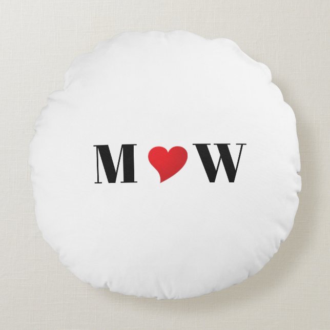 Cute red hart aangepaste initialen monogram rond kussen (Voorkant)