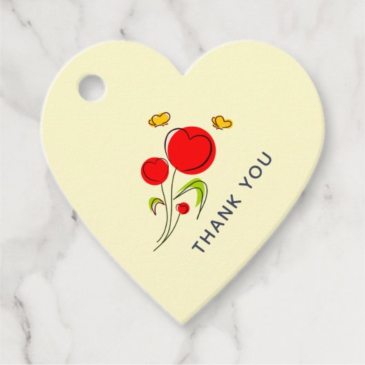 Cute Red Heart Flowers en Yellow Butterflies Bedankjes Labels (Voorkant)