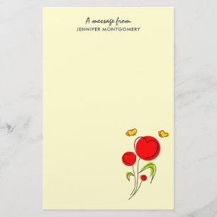 Cute Red Heart Flowers en Yellow Butterflies Briefpapier