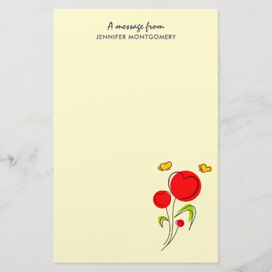 Cute Red Heart Flowers en Yellow Butterflies Briefpapier (Voorkant)