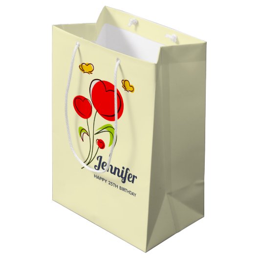 Cute Red Heart Flowers en Yellow Butterflies Medium Cadeauzakje (Voorkant Gekanteld)